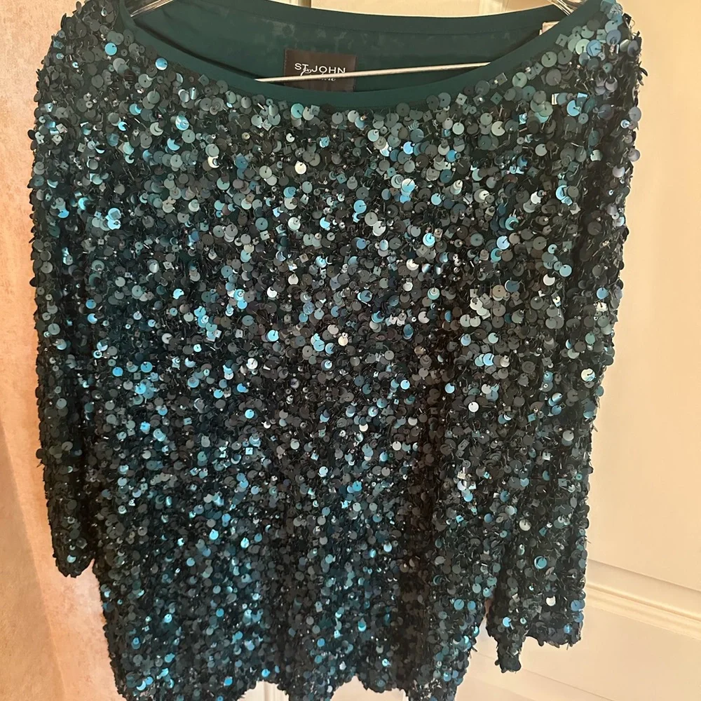 St. John Teal Sequin Asymmetrical Top - Picture 3 of 5